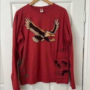 Christian Audigier Ed Hardy Red Long Sleeve Tee with Bold Eagle Graphic
